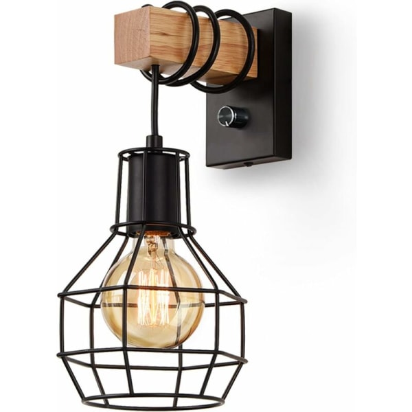 Industriel indendørs væglampe, vintage dæmpbar burskærm med switch-væglampe, E27 metal- og træreb, til L