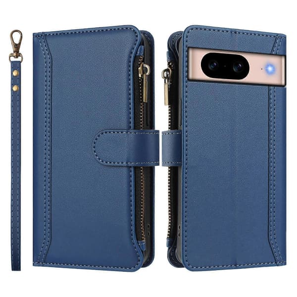 Magnetic Closure 9 Card Slots Zipper Leather Case with Hand Strap Dark Blue Dark Blue For Google Pixel 8a