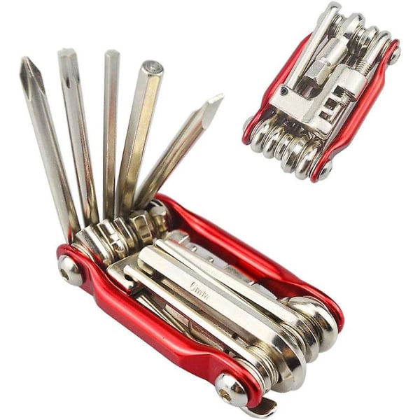 11 i 1 multifunktions cykelreparationsværktøj, minicykel multiværktøjssæt, foldbart bærbar cykelvedligeholdelsesværktøj (rød)