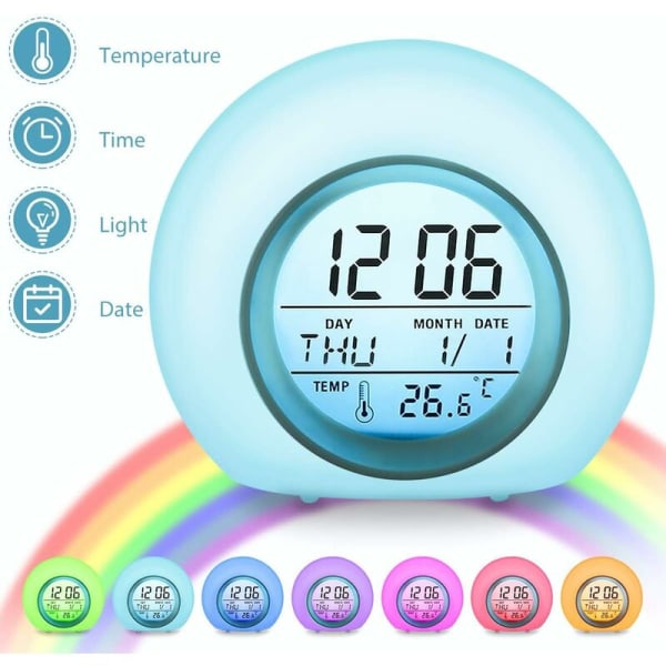 Digital väckarklocka för barn 7 färger Barnväckarklocka med kalender och termometer, klocka Creative rundväckare