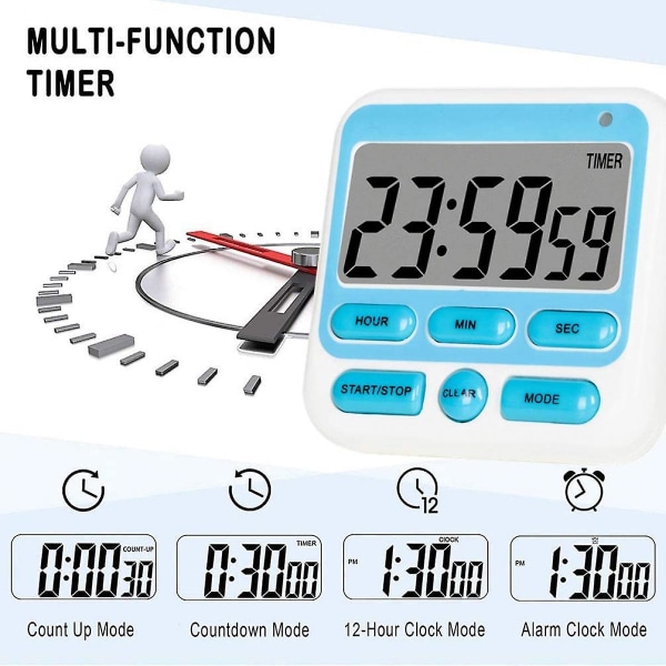 Digitaalinen keittiöajastin, virtakytkin, 12/24 tunnin kello ja äänettömät ajastimet, suuri LCD-näyttö, kova hälytys ja vahva magneetti (sininen)