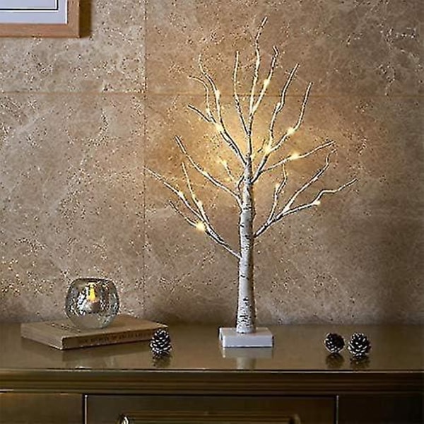 Hvidt juletræ med lys Mini birkekviste Trædekoration med 24 varme hvide lysdioder Batteridrevet bordpladedekoration til jul (60 cm/2 fod)