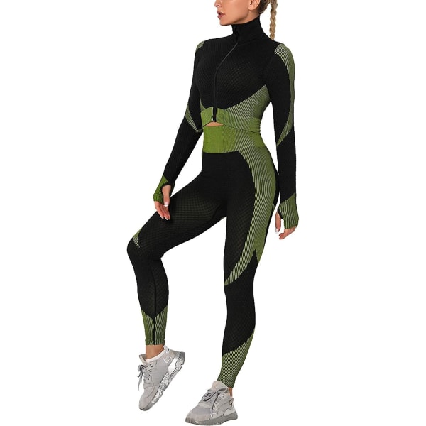 Træningsdragt til kvinder 2 stykker sæt højtaljede leggings og langærmet crop top yoga aktivtøj med lynlås foran Black Green Xxl