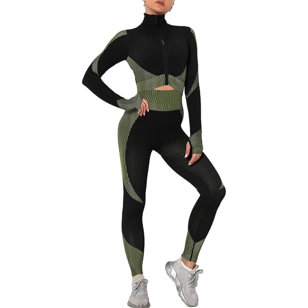 Træningsdragt til kvinder 2 stykker sæt højtaljede leggings og langærmet crop top yoga aktivtøj med lynlås foran Black Green L