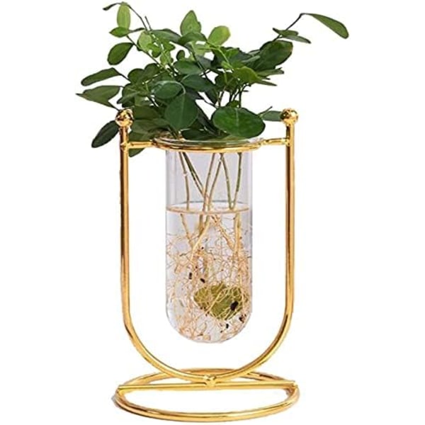 Hydroponisk glasvas glasblomkruka med järnram för kreativt blomma hem vardagsrum bordsdekoration (L)