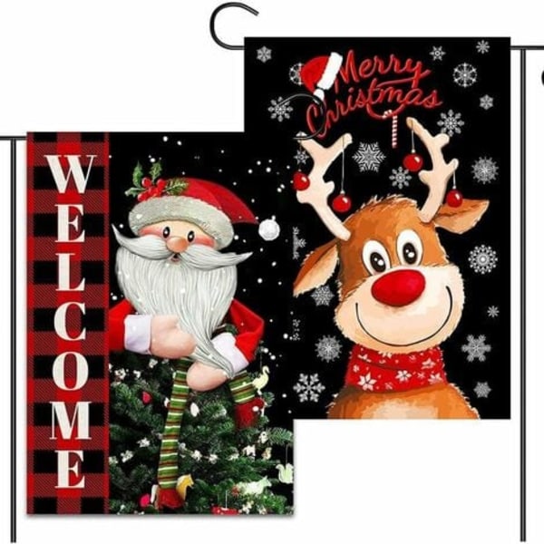 Pak udendørs julegårdsbannere 12" x 18", julemand og vinterhjort dobbeltsidet julegårdsbanner til gårdskilt