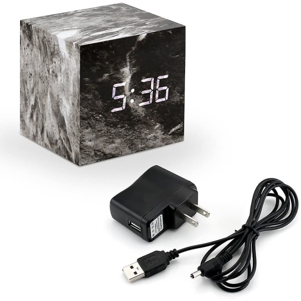 Marmormönster väckarklocka, mode multifunktions led väckarklocka kub med USB power , röststyrning, timer, termometer - svart