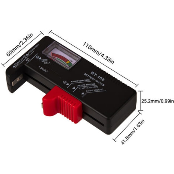 Universal kotitalouksien paristotesterit kuulolaitteiden paristotesteri Paristojen jännitetesteri AA-, AAA-, C-, D-, 9V, 1,5V ja Bu