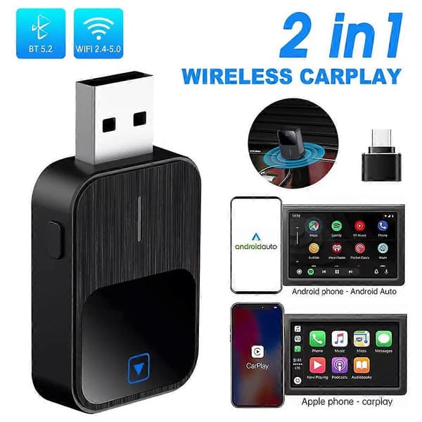2-i-1 Apple CarPlay og Android Auto trådløs adapter - 2025 oppgradert mini-dongle med USB-C, Plug & Play Black