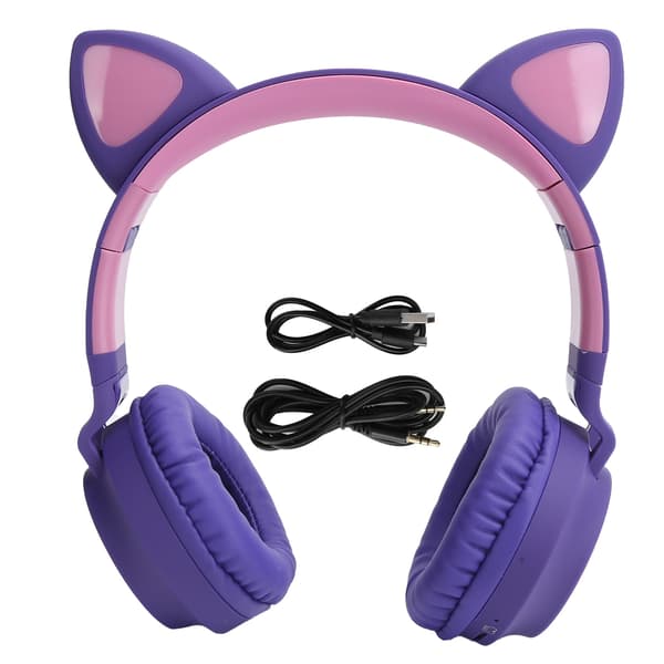 Kat Øre Hovedtelefon 3D LED Lys Trådløs Bluetooth 5.0 Foldbart Headset med Mikrofon Lilla