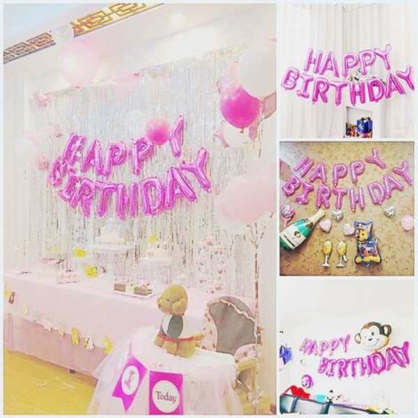 Lyserøde bogstaver tillykke med fødselsdagen folieballoner, tillykke med fødselsdagen bannere til børn Voksen fødselsdagsfest tilbehør Tilbehør