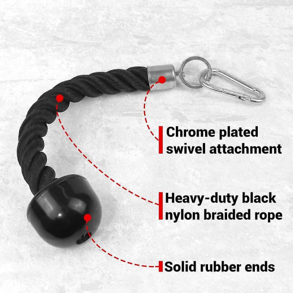 Tricep-köysikaapeli, yksiote ja tricep-köysi harjoituskoneen kiinnityksiin napsautuskoukulla Black single head rope