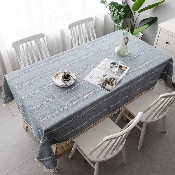 Elegant bomulds- og hørdug, vaskbart køkkenbordsdæksel til spisebord, picnicdug (striber - grå, 140 x 180 cm),