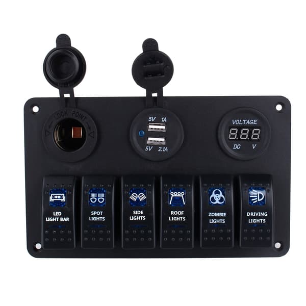 6-vejs LED Bil Båd Vippekontaktpanel USB-stik Cigaretstik Voltmeter