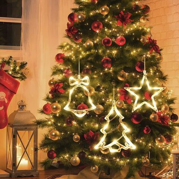 3pcs Christmas Window Lights Decorations, Battery Powered Christmas Window Hanging Warm White Lighted Star Shaped Tree B