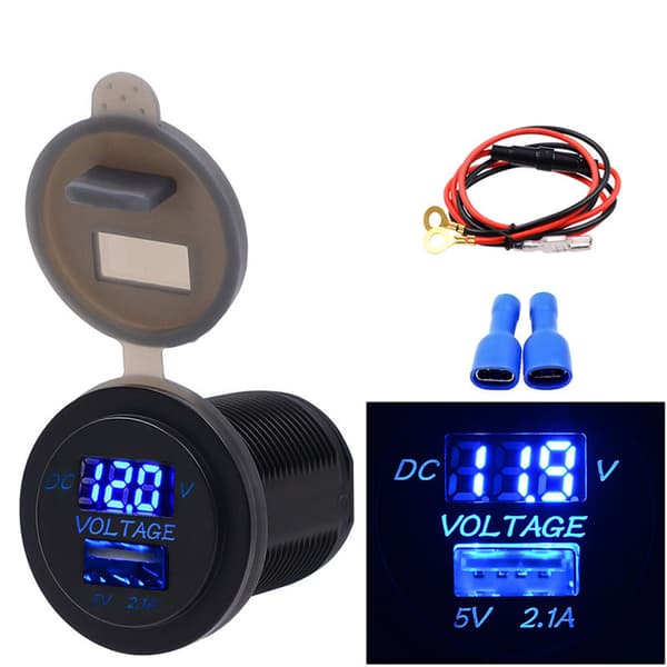 USB Billader med Spenningsdisplay IP66 Vanntett 2.1A Blå 12-24V DC