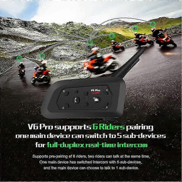 V6 Plus Bluetooth Motorcykelhjälm Headset med 1500M BT Intercom Kommunikatör för 6 Förare Vatten