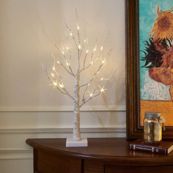 Hvidt juletræ med lys Mini birkekviste Trædekoration med 24 varme hvide lysdioder Batteridrevet bordpladedekoration til jul (60 cm/2 fod)