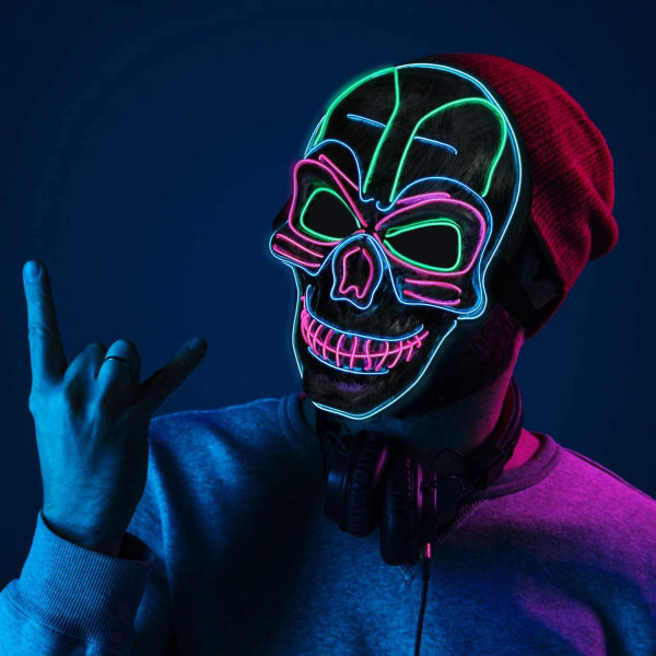 Halloween-maske, LED-maske med 3 blixtlägen skallemask for barn, mænd og kvinder, jul, karneval