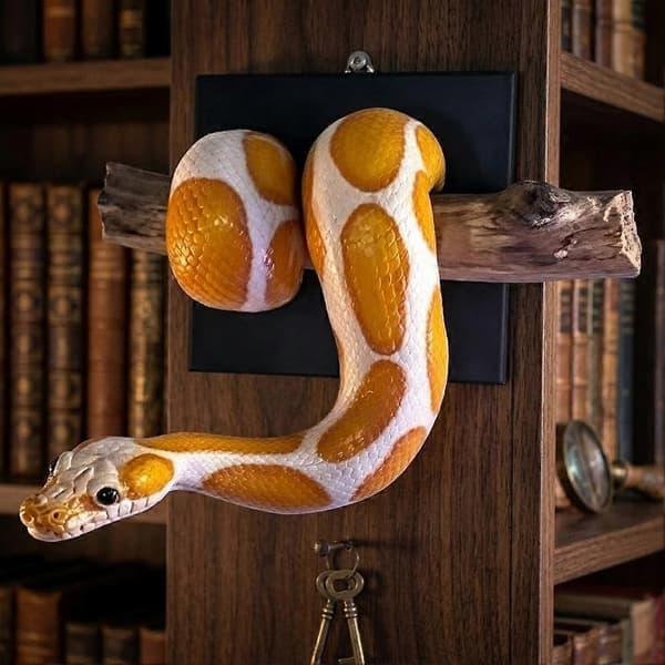 Gyllen Ball Python Veggskulptur 3D, 2027 NY Realistisk Slange Veggdekorasjon i Harpiks Håndmalt, Python Hengende Veggkunst Statue for Stue 13x 13