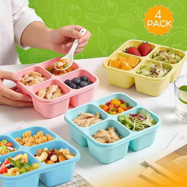Bento Box Adult Lunch Box - 4-pack, 4-Compartment Snack Containers Reusable Lunch Boxes Stackable BPA-Free Lunch Containers for Home, Work Pink, Green, Blue, Yellow