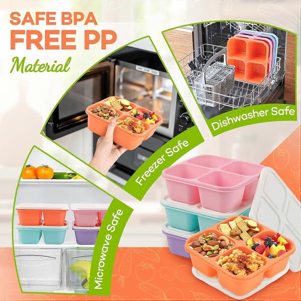 Bento Box Adult Lunch Box - 4-pack, 4-Compartment Snack Containers Reusable Lunch Boxes Stackable BPA-Free Lunch Containers for Home, Work Pink, Orange, Purple, Green