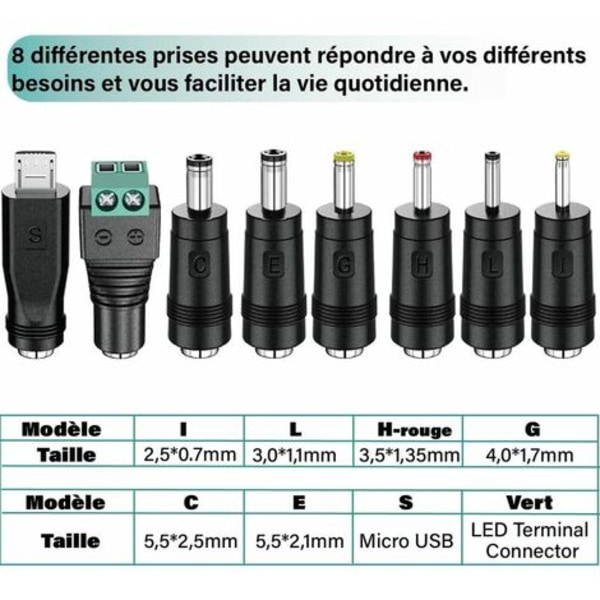 12W Universal AC DC strømforsyningsadapter 3V 4,5V 5V 6V 7,5V 9V og 12V med 8 valgbare adapterstik, 1000mA Max,