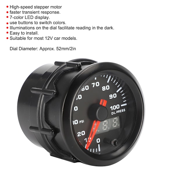 2in 52mm Bil Olietryk Måler Pointer 7-Farver Digital LED Meter med Sensor
