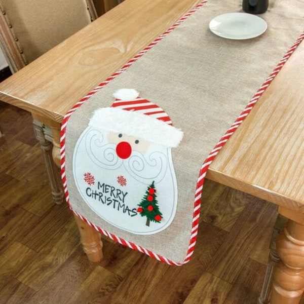 Christmas Table Runner, Burlap Linen Table Decorations Santa Claus and Christmas Tree for Home, Kitchen, Dining Room, Fa