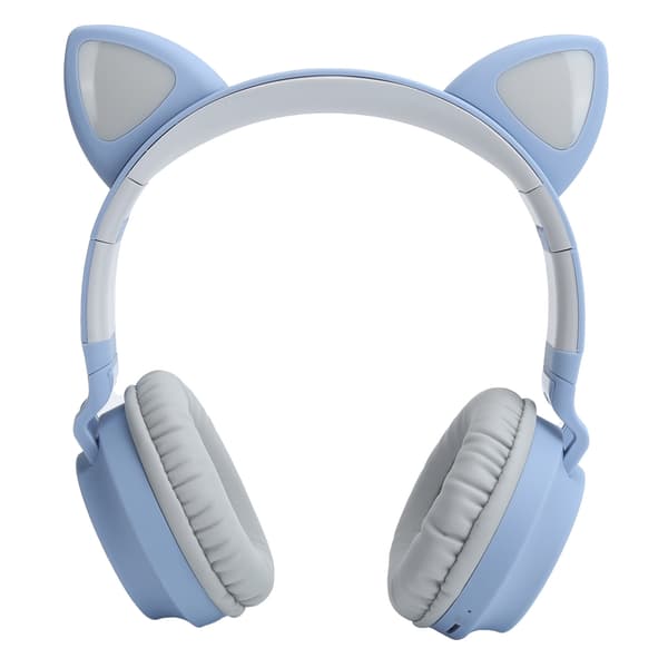 Katteøre Hodetelefon 3D LED-lys Trådløs Bluetooth 5.0 Sammenleggbart Headset med Mikrofon Grå Blå