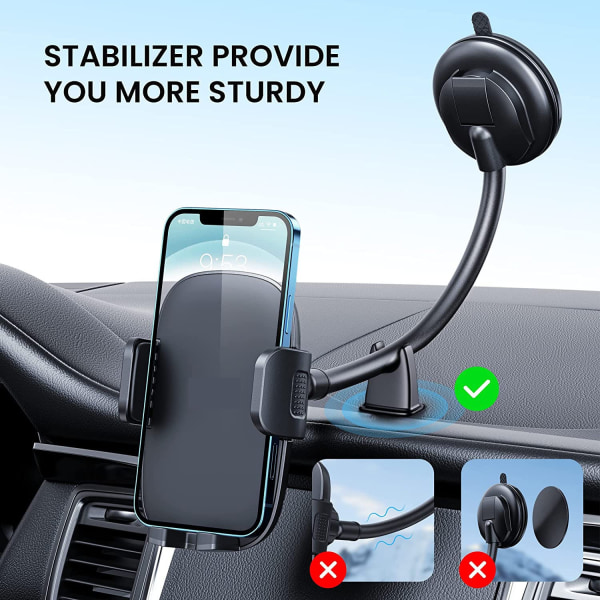 Car Phone Holder Long Arm Dashboard Windshield Car Phone Holder Anti-vibration Stabilizer Compatible with All Phones And