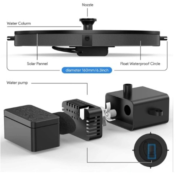 Soldriven Fontän vattenfontän / Vattenpump / Pump Svart Black 13cm