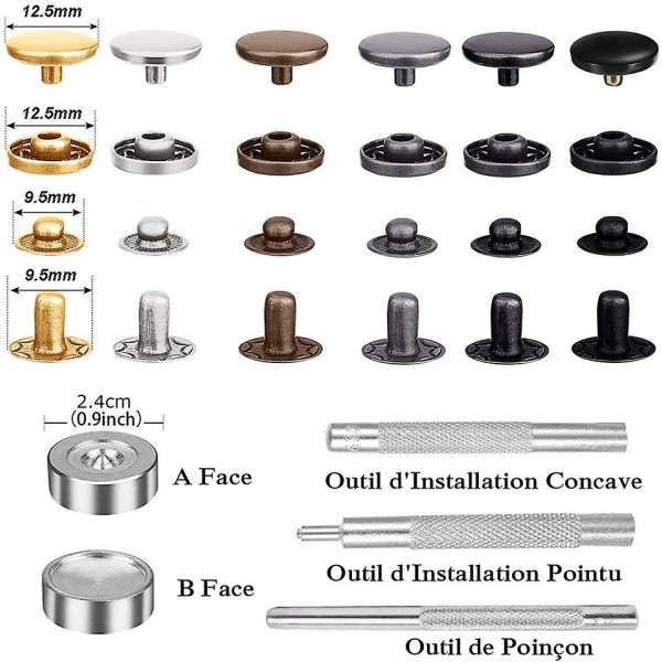 120 sæt læder trykknapper sæt 6 farve metal trykknapper med 4 stk fastgørelsesværktøj til tøj, læder, jakke, denim tøj, tasker, armbånd 2 størrelser (