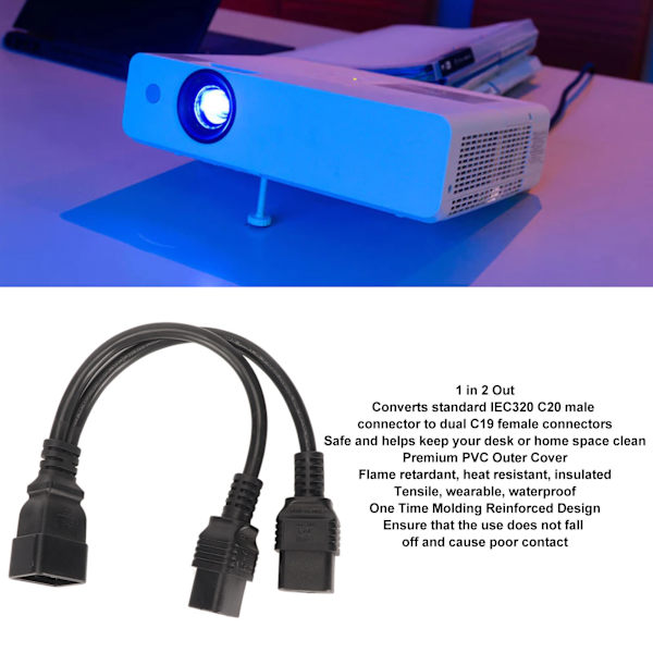Universal Strømkabel Splitter til Skrivebordslampe & LCD Skærm - C19 til C20, 32 cm