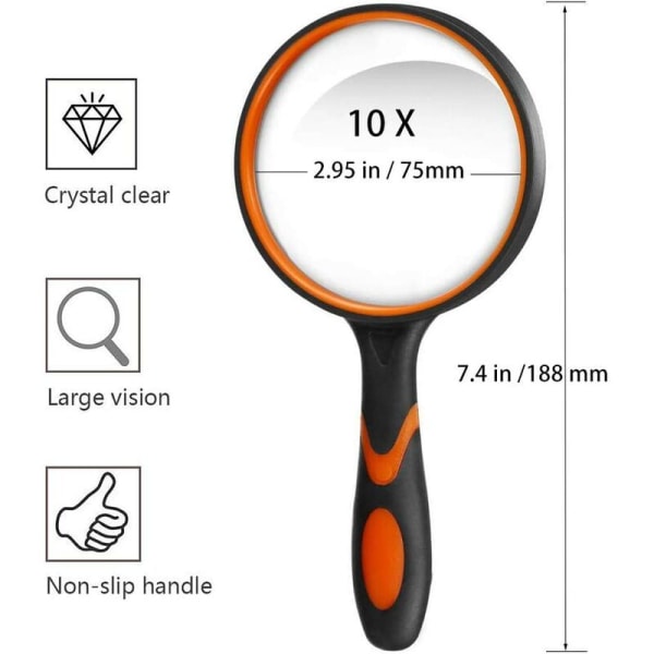 10X læseforstørrelsesglas med skridsikkert blødt gummigreb med 75 mm forstørrelsesglas og brudsikkert spejl til læsning, inspektion