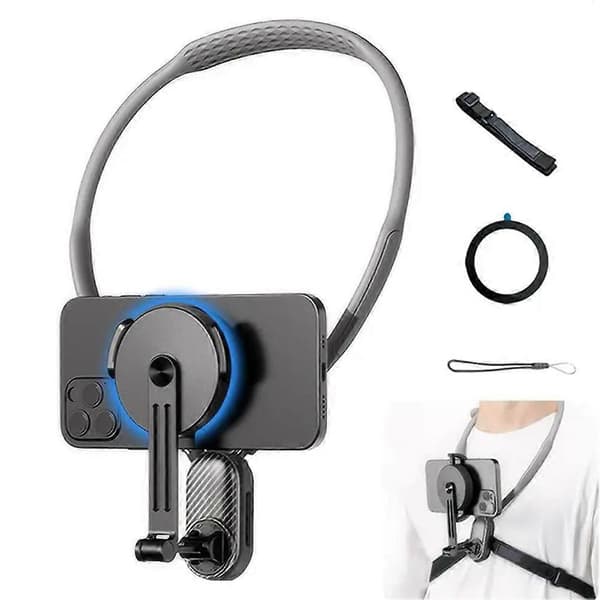 360 graders magnetisk halsmonteret telefonholder POV brystmontering til iPhone/Android & actionkameraer Black