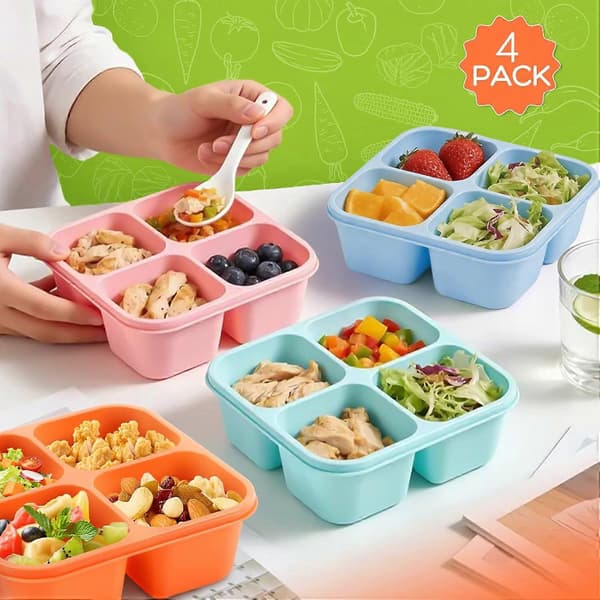 Bento Box Adult Lunch Box - 4-pack, 4-Compartment Snack Containers Reusable Lunch Boxes Stackable BPA-Free Lunch Containers for Home, Work Pink, Orange, Blue, Green