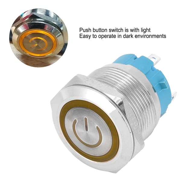 2 stk. 4-pinners trykknappbryter 3-6VDC 22mm Flat Head Round Button med strømlys Skilt Gul