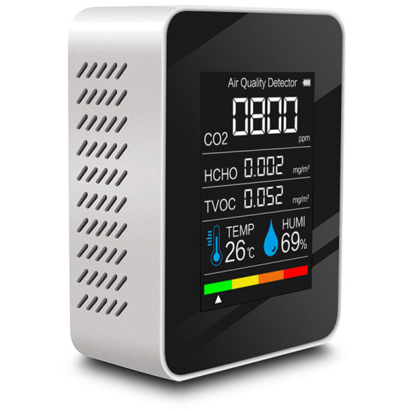 CO2-detektor Luftkvalitet CO2/HCHO/TVOC/TEMP/HUMI-detektor Temperatur fugtighedstester Kuldioxid-monitor Sort til C
