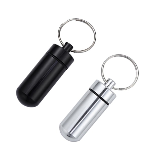 2 st Mini pillerfodral med nyckelring Pillboxar i aluminiumlegering Nyckelring Vattentät pillerbehållare Medicinhållare (svart och silver)