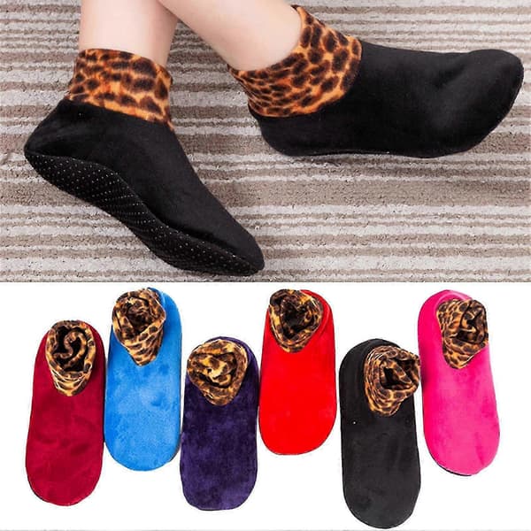 Dobbeltlags kvinders plysforing tykke bundtøfler leopardprint patchwork jordsokker Black