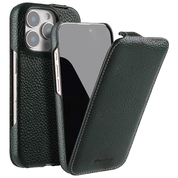 MELKCO Magnetisk Etui til iPhone 16 Pro, Vertikal Flip, Ægte Koskind + PC Stødbeskyttelse - Grøn