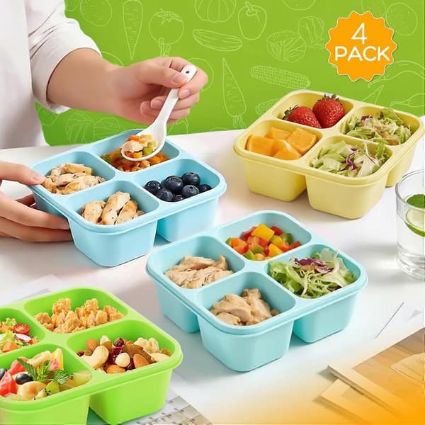 Bento Box Adult Lunch Box - 4-pack, 4-Compartment Snack Containers Reusable Lunch Boxes Stackable BPA-Free Lunch Containers for Home, Work Blue, Green, Yellow, Grass Green