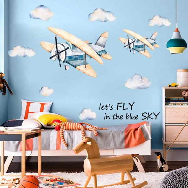Akvarellflygplan med molnväggklistermärken, väggklistrad Barnkammare Pojkrum Dagis Lekrum Toy Story Klassrum Hom