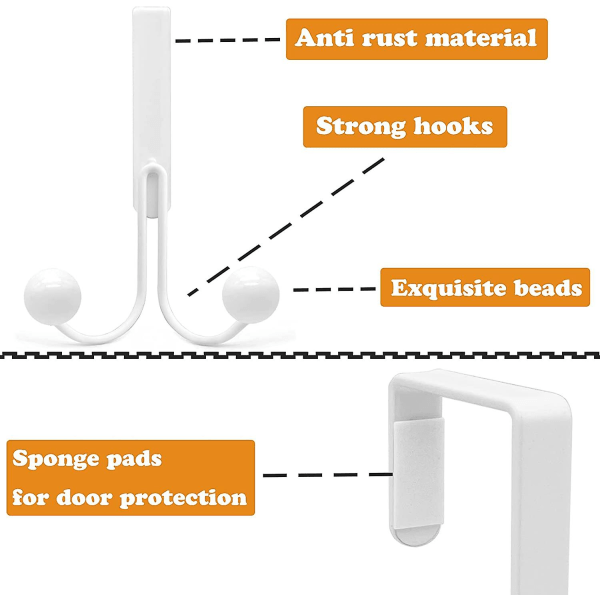 4 pakke over døren kroge til tøj, metal over døren bøjle 2 kroge over døren kroge til at hænge frakke/taske/kåbe/hat/tørklæde White