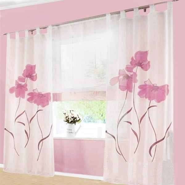 Tørklædegardin 2-delt gardin med blomsterprint gardin til stuen i soveværelset Tørklædespænde (bred 150 cm Højde 145 cm, Pink),