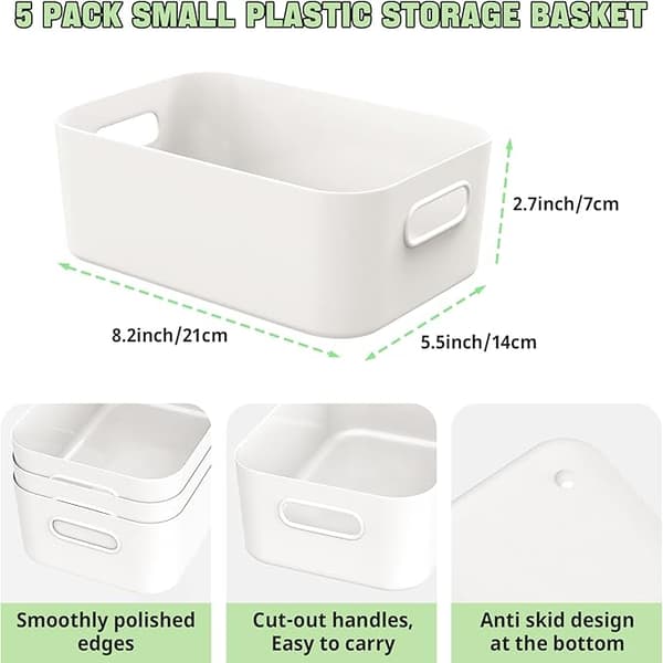 5 PCS White Plastic Storage Bins Small with Handles, Storage Baskets for Shelves, Kitchen, Office, Refrigerator