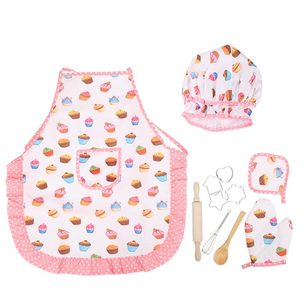 Kök Kostym Rollspel Set för Barn Flickor Förkläde Kockhatt Bakning Matlagning Vante Kakformar Kit 11st Cupcake Mönster