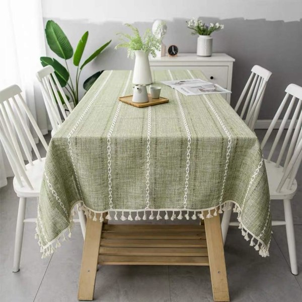 Elegant bomulds- og hørdug, vaskbart køkkenbordsdæksel til spisebord, picnicdug (striber - grøn, 100 x 160 cm),