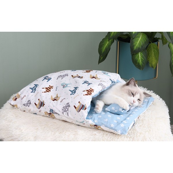 Djurmöbler, sovsäck för husdjur, stängd, avtagbar och tvättbar, marinblå katt (S)